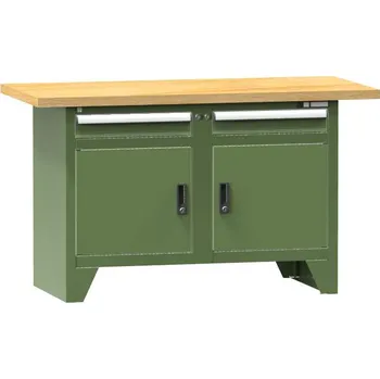 Dílenský stůl Dílenský modulární stůl, deska - buková spárovka 1500 x 700 mm, 2 x zásuvka, 2 x skříňka, barva zelená RAL6011