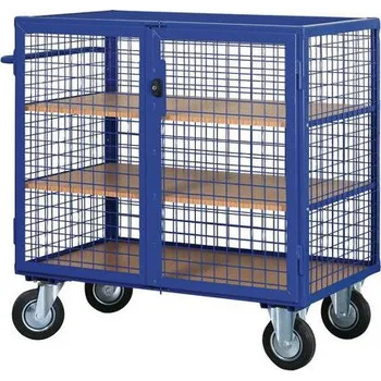 Uzavíratelný skříňový vozík s madlem a mřížovými stěnami, do 600 kg, 3 police