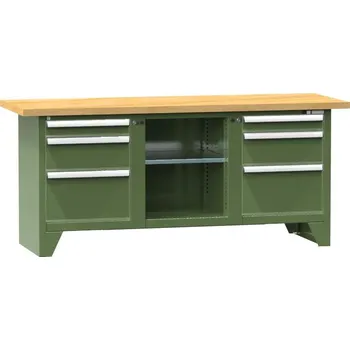 Dílenský stůl Dílenský modulární stůl, deska - buková spárovka, 2000 x 700 mm, 6 x zásuvka, barva zelená RAL6011