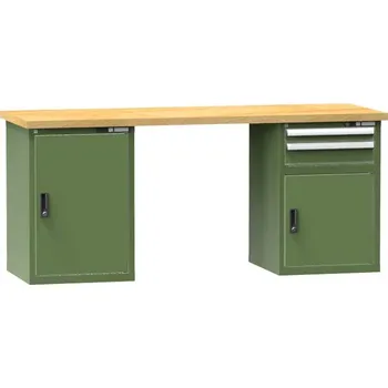 Dílenský stůl Dílenský stůl KOMBI, d x h x v: 2000x800x880 mm, 2x zásuvka, 2x skříňka, barva zelená RAL6011