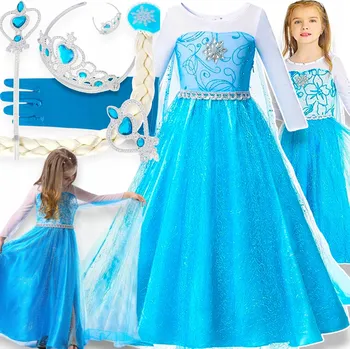 Karnevalový kostým LEDOVÉ KRÁLOVSTVÍ KOSTÝM NA PLES ŠATY KORUNKA RUKAVICE HŮLKA COP 6v1