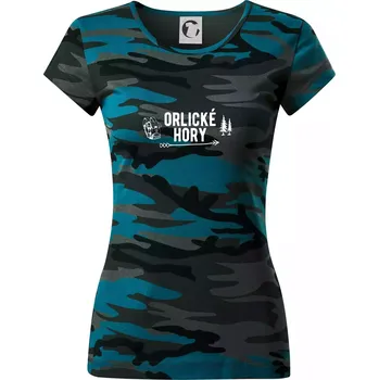 Dámské oblečení Orlické hory nápis - Dámské maskáčové triko - S ( Petrolejová maskáč )