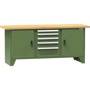 Dílenský stůl Dílenský modulární stůl, deska - buková spárovka, 2000 x 700 mm, 5 x zásuvka, 2 x skříňka, barva zelená RAL6011
