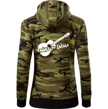 Dámská mikina Kytara, takhle to všechno začalo - Dámská mikina trendy zipper s kapucí - M ( Zelený maskáč )