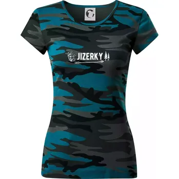 Jizerky nápis - Dámské maskáčové triko - S ( Petrolejová maskáč )