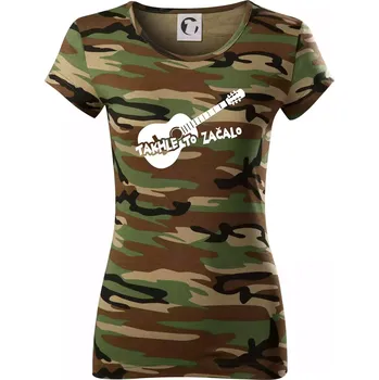 Dámské tričko Kytara, takhle to všechno začalo - Dámské maskáčové triko - XS ( Hnědý maskáč )