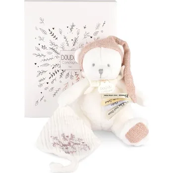 plyšák Doudou et Compagnie Paris Doudou Dárková sada Plyšový medvídek s úchytem na dudlík a dečkou růžový 20 cm