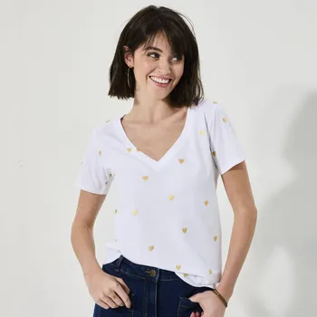 Dámské tričko Tričko s výstřihem do V, krátkými rukávy, celopotisk srdíčka bílá 52