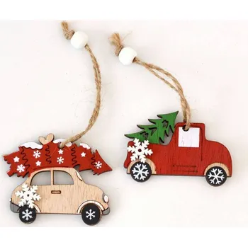 Vánoce Dřevěná dekorace k zavěšení - Auto se stromkem - vzor B