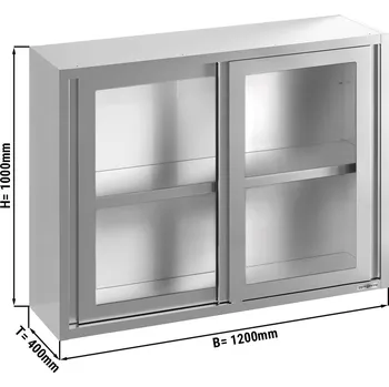 Vinotéka G.Gastro Made in Italy | Stainless Steel Wall Cabinet PREMIUM – Sliding Glass Doors - 1200x400x1000 mm - With Shelf