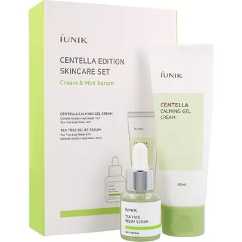 Pleťový krém iUNIK - Centella Edition Skincare Set - Kosmetická sada - zklidňující gel-krém s pupečníkem asijským 60 ml + sérum pro problematickou pleť s vodou z listů čajovníku 15 ml