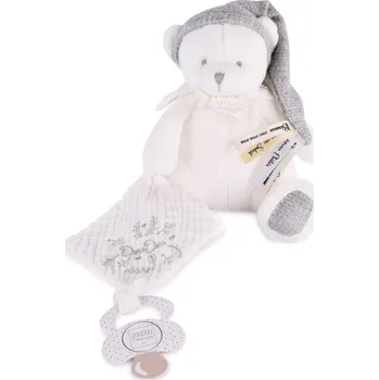 plyšák Doudou et Compagnie Paris Doudou Dárková sada Plyšový medvídek s úchytem na dudlík a dečkou šedý 20 cm