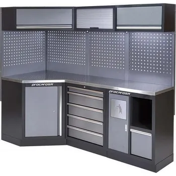 Rohová sestava dílenského nábytku Procarosa PROFI XS-VIII Pracovní deska: nerezová