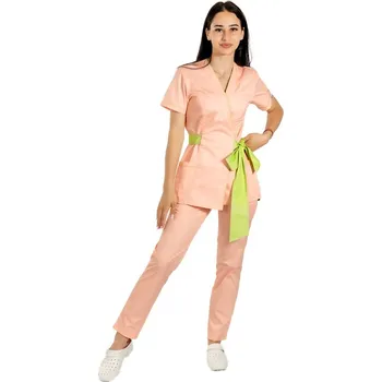 Zdravotnický oděv Broskvové kimono pro lékaře s limetkovým lemováním, motýlkem a broskvovými kalhotami