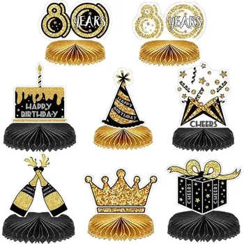 Party dekorace Sada 8 dekorací k 80. narozeninám, středové dekorace na stůl s motivem plástve, dekorace na stůl s