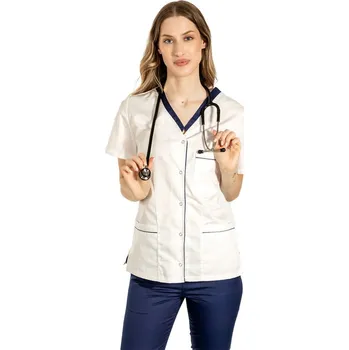 Zdravotnický oděv Bílý lékařský plášť s tmavě modrým lemováním, druky a třemi nakládanými kapsami