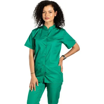 Zdravotnický oděv Zelený chirurgický plášť s tunikovým límcem a třemi kapsami