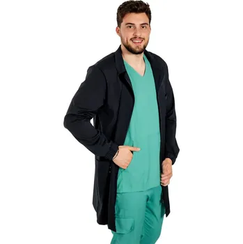 Zdravotnický oděv Tmavě modrý lékařský laboratorní plášť, pánský model, s límečkem, třemi kapsami a dlouhým rukávem