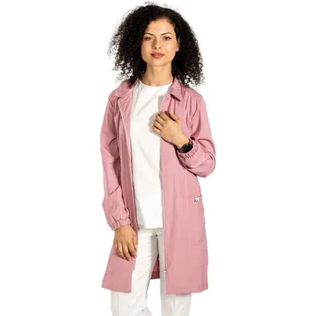 Zdravotnický oděv Dámský lékařský laboratorní plášť pudrově růžové barvy s límcem, třemi kapsami a dlouhým rukávem