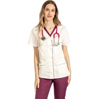 Zdravotnický oděv Bílý lékařský plášť s třešňovým lemováním, druky a třemi nakládanými kapsami