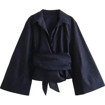 Dámská halenka s dlouhým rukávem a širokými manžetami Zavinovací střih Samosvazovací pásek Elegantní top pro každodenní i formální styl tmavě modrá L