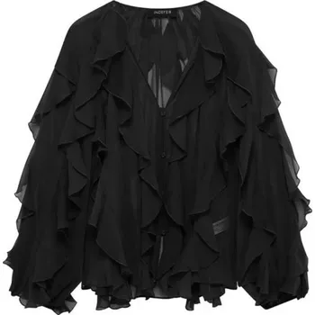 Dámská halenka Dámská halenka s volány a dlouhým rukávem Elegantní šifonová blůza Výstřih do V Vzdušný materiál Společenský i volnočasový styl černá L