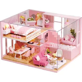 Dřevěná hračka Dřevěný mini domeček pro panenky 24,5 x 20,5 x 15,5 cm Sestavitelná 3D stavebnice s nábytkem Ruční výroba Kreativní dárek pro děti