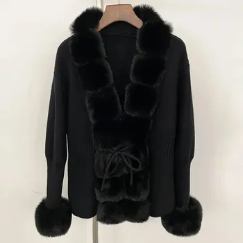 Dámský kabát pletený svetr s umělou kožešinou – elegantní podzimní kabátek Velikost: ONE SIZE, Barva (Varianta): Černá