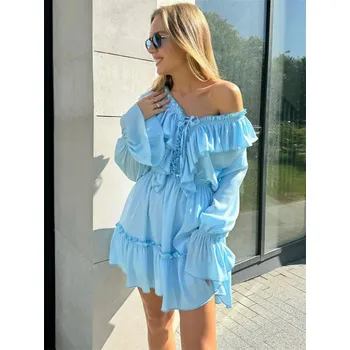 Dámské šaty minišaty s volánky a krajkou na šněrování Barva: Nebeská, Velikost: L