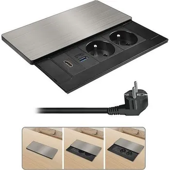 Prodlužovací kabel Solight 2 zásuvky 230V/16A, max. 3680W, dětské pojistky, HDMI 2.0 port, 4K x 2K/60 Hz, 18Gbps, USB rychlonabíječka, max. 20W PD, USB-A, USB-C, stříbrný, 2m