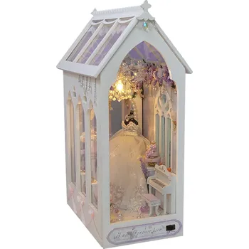 Dřevěná hračka DIY 3D domeček pro panenky 10,7 x 16,7 x 25 cm Dřevěná stavebnice s nábytkem a LED osvětlením Miniaturní model Ruční montáž Dekorace