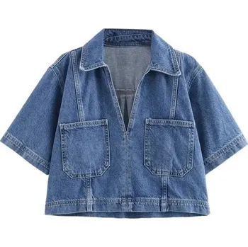 Dámská košile Letní modrá džínová košile s krátkým rukávem Zkrácený cropped střih Stylová dámská halenka Džínovina na léto Volnočasová móda modrá L