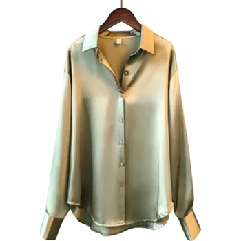 Dámská halenka Dámská saténová halenka s dlouhým rukávem Elegantní košile Volný střih Zapínání na knoflíky Lehký lesklý materiál na den i večer zelená XXL