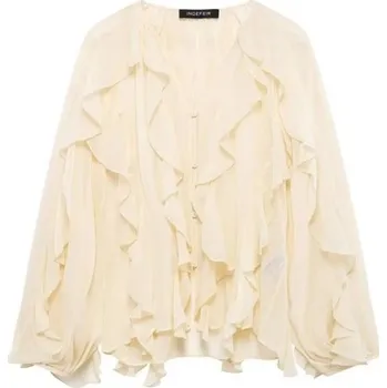 Dámská halenka s volány a dlouhým rukávem Elegantní šifonová blůza Výstřih do V Vzdušný materiál Společenský i volnočasový styl béžova S