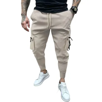 Pánské kalhoty Pánské ležérní vícekapsové slim kalhoty Stylové kalhoty s úzkým střihem Pohodlné kapsáče na každý den Moderní městské kalhoty s kapsami khaki XS