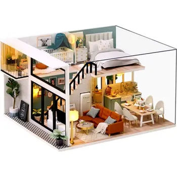 Dřevěná hračka Dřevěný mini domeček pro panenky 3D stavebnice s nábytkem a ochranným krytem Ručně vyráběný model Domácí tvoření Dárek pro děti