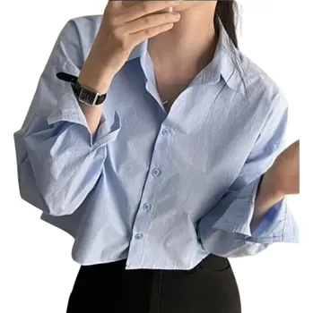 Dámská košile Krátká dámská košile s dlouhým rukávem Crop střih Ležérní styl Výstřih do V na zádech Zapínání na knoflíky Elegantní halenka na léto modrá S