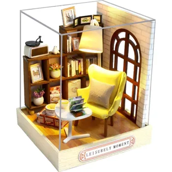 Dřevěná hračka Dřevěný domeček pro panenky 11,5 x 9 x 9 cm Miniatura DIY stavebnice 3D puzzle s nábytkem a krytem Ruční výroba Dekorace Dárek pro děti