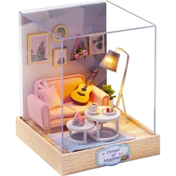 Dřevěná hračka Dřevěný domeček pro panenky 11,5 x 9 x 9 cm Mini DIY stavebnice s nábytkem Kryt proti prachu 3D puzzle Ruční výroba Miniatura Dekorace Dárek