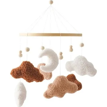 Létající drak Závěsný kolotoč nad postýlku 45 x 25 cm Dřevěný držák s filcovými obláčky a měsíčkem Hnědo-bílá dekorace do pokojíčku