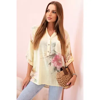 Dámská halenka Kesi Włoski Dámská blůza z bavlny s květinovým vzorem a knoflíky žlutý Kesi Włoski krémová 3330551