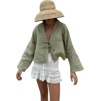 Dámská halenka Krátká dámská halenka s dlouhým rukávem Zavazování vpředu Volný ležérní střih Letní plážový top s výstřihem do V Přírodní vzhled zelená M