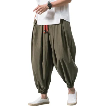 Pánské kalhoty Pánské volné lněné harémové kalhoty Vysoce kvalitní ležérní kalhoty z přírodního materiálu Pohodlný střih na léto i volný čas armádní zelená S