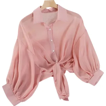 Dámská košile Krátká dámská košile s uzlem vpředu Průsvitná halenka Crop střih Lehký vzdušný materiál Zapínání na knoflíky Stylový letní top růžová XS