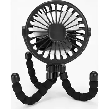 Mini bezlopatkový ventilátor s ohebným držákem na kočárek i stůl USB dobíjení skládací tichý provoz černá