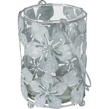 Obraz Mini lucerna KVĚTINY kovová, závěsná 13 x ⌀9 cm, rustikální šedá