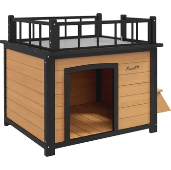 Bouda pro psa PawHut bouda pro psy, psí bouda s balkonem, schody, okno, jeskyně pro malé/střední psy, jedlové dřevo, žlutá, 121x77x78cm| Aosom