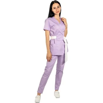 Zdravotnický oděv Lila kimono pro lékaře s bílým lemováním, motýlkem a elastickými kalhotami