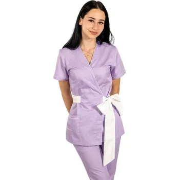 Zdravotnický oděv Lila kimono lékařské šaty s bílým lemováním a motýlkem