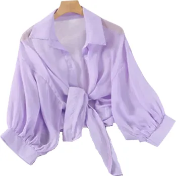 Dámská košile Krátká dámská košile s uzlem vpředu Průsvitná halenka Crop střih Lehký vzdušný materiál Zapínání na knoflíky Stylový letní top fialová XL